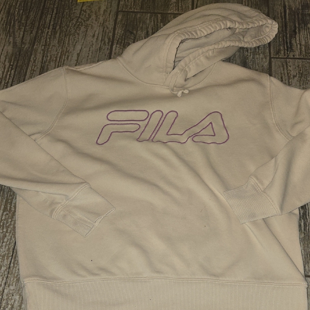 Vintage Fila Women's Cream Hoodie with Purple Logo